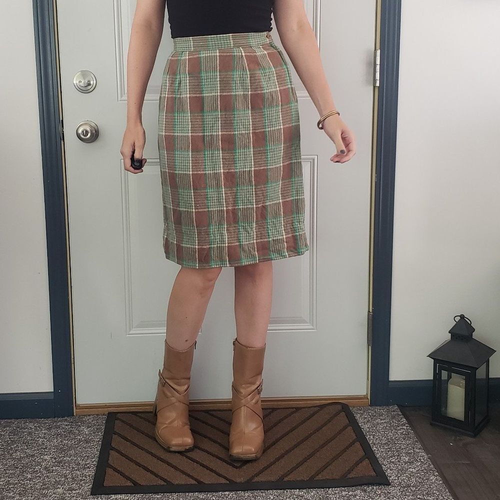 60s/70s Handmade‎ Brown and Green Plaid Pencil Skirt
